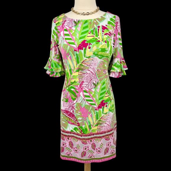 Pappagallo Tropical Double Flutter Sleeve Shift Dress Pink/Green Palm Leaf Small - Picture 14 of 14